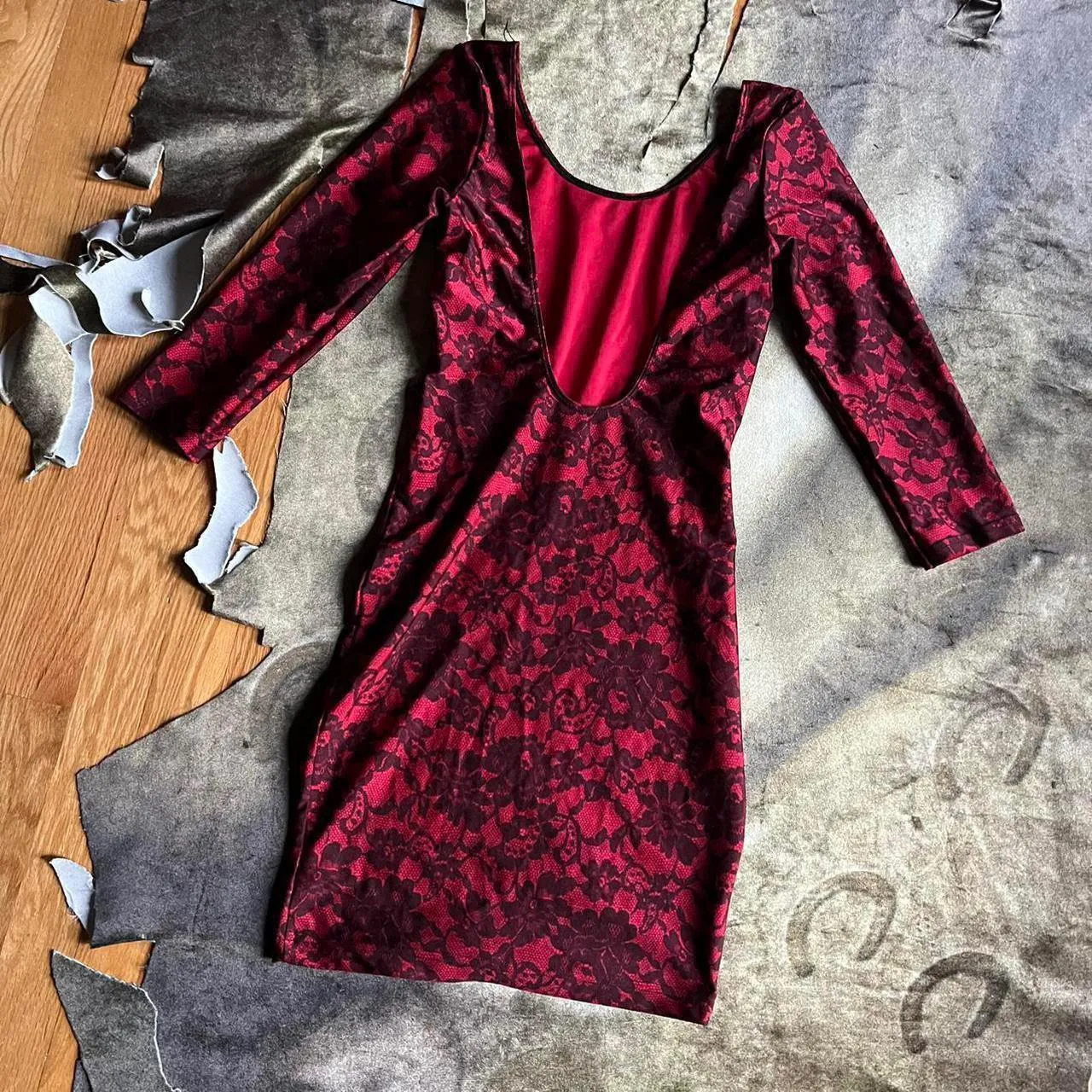 American Apparel Red And Black Goth Floral Lace Print Bodycon Mini Dress - Image 3