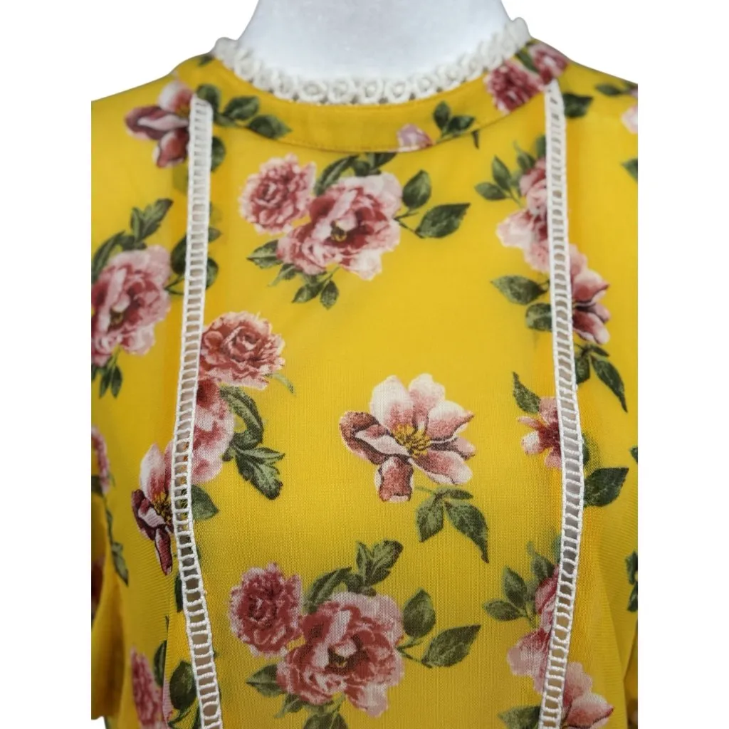 Ivy Rose Size L Womens Floral Yellow Pink Ruffle Top Lace Trim Summer Tunic Size L - Image 6