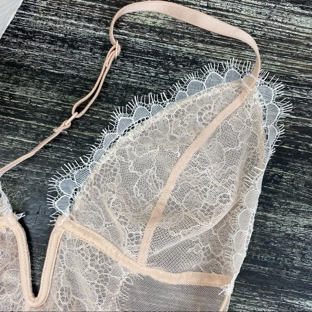 Victoria’s Secret Nude & White Sheer Netted Lace Body Suit XS - Image 5