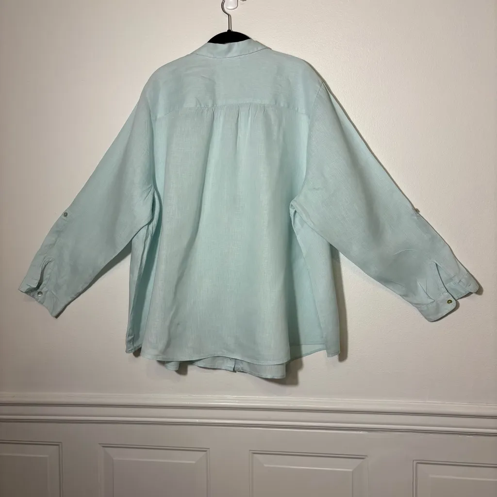 J Jill Love Linen Classic Button Up Shirt Roll Tab Sleeve Lagenlook Sz 3X Green - Image 7