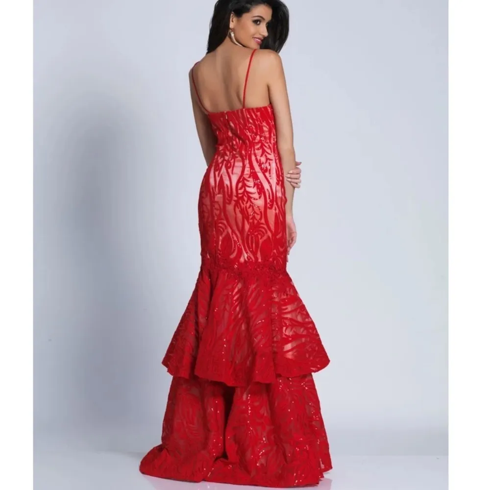 Dave & Johnny Red Nude Prom Pageant Mermaid Gown - Image 8