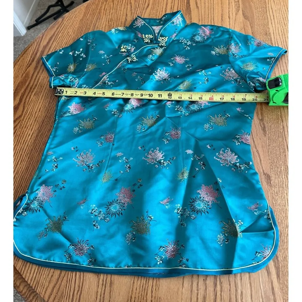 Vintage Teal Chinese Silk Floral Blouse Short Sleeve Size 40 By Folk Squirrel Green - Image 7