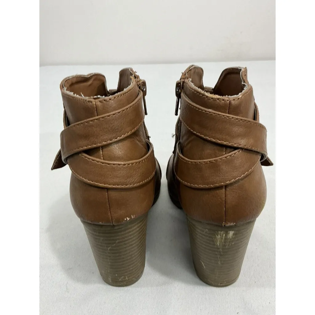 Womans LC Lauren Conrad Bon Bon Cognac Size 7.5m Strappy Zip Block Heel Booties - Image 5