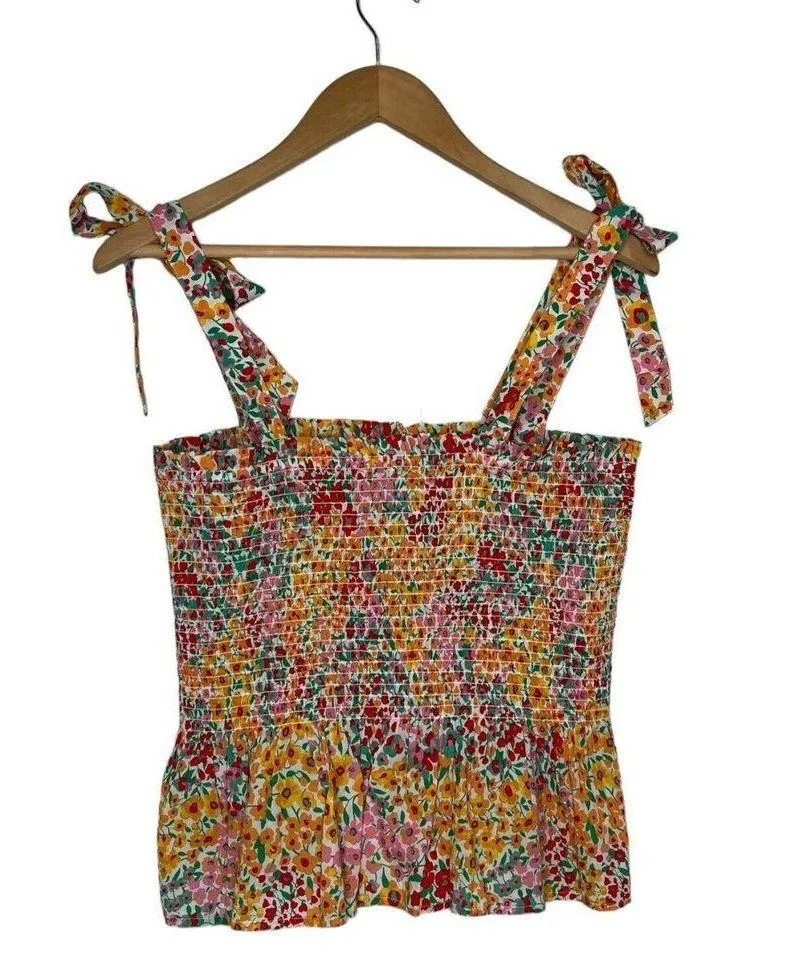 New J Crew Top Womens M Smocked Ditsy Floral Tie Shoulder Straps Tank Multi - Image 10