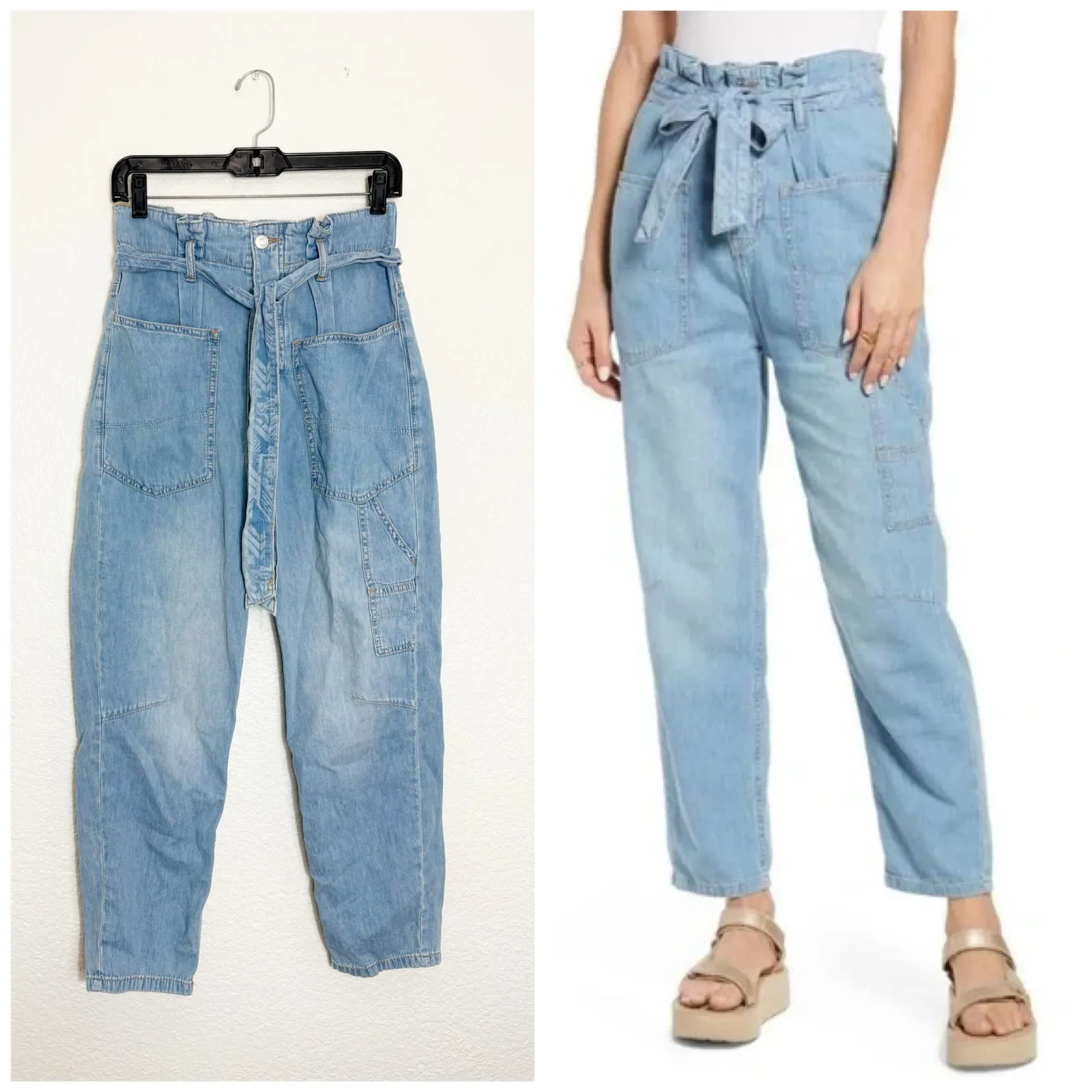 Free People Belted Denim Utility Paperbag Pants Size 25 Chambray Haze Bohemian - Image 2