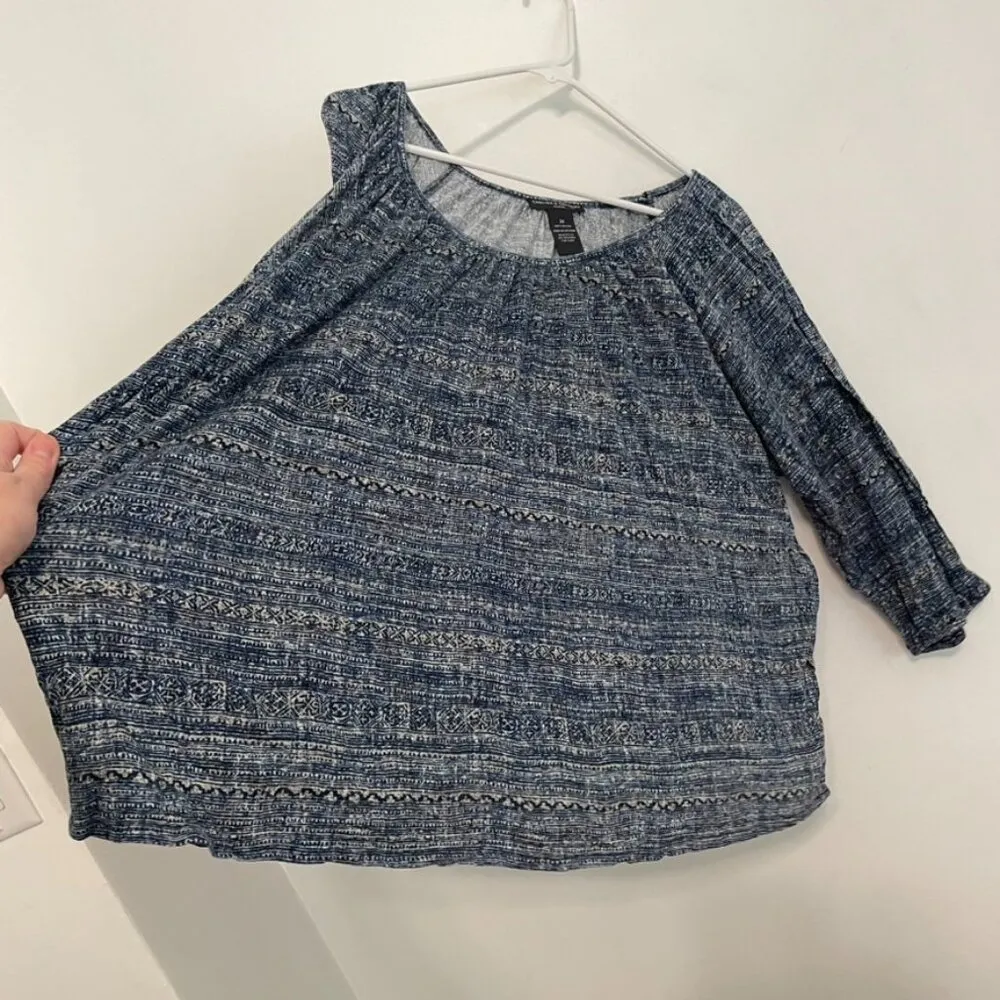 CHELSEA & THEODORE Plus Size Blue Cream Aztec Tribal 3/4 Sleeve Peasant Blouse - Image 8