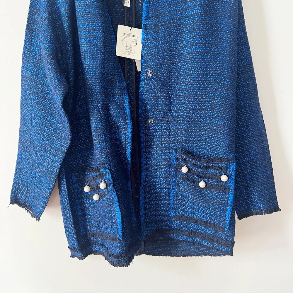 Koton Blue/Black Plaid Tweed Midi Lightweight Coat Formal Pearl Accents NEW Blue Size M - Image 3