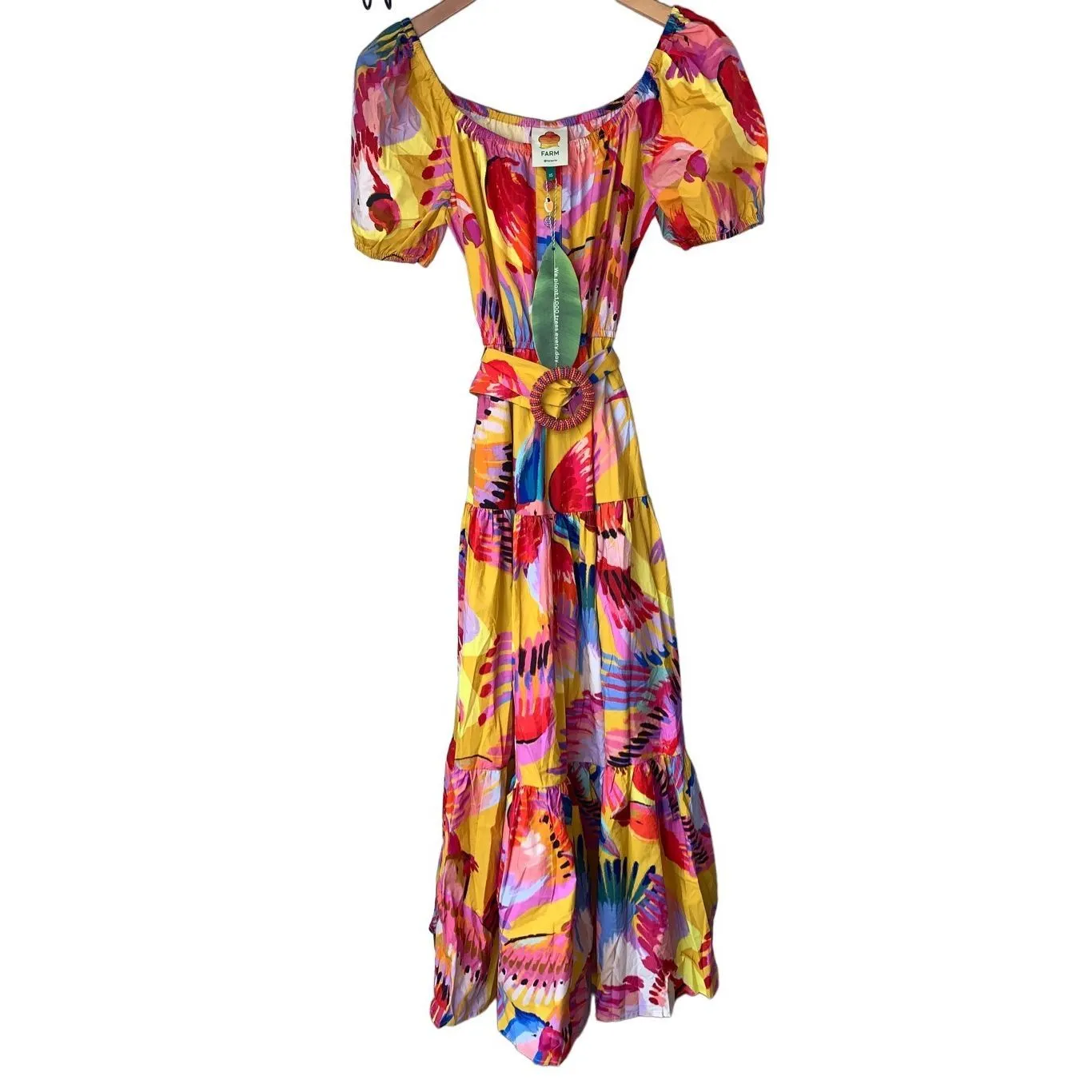 FARM Rio Neon Macaws Puff Sleeve Belted Cotton Maxi Dress - Image 6