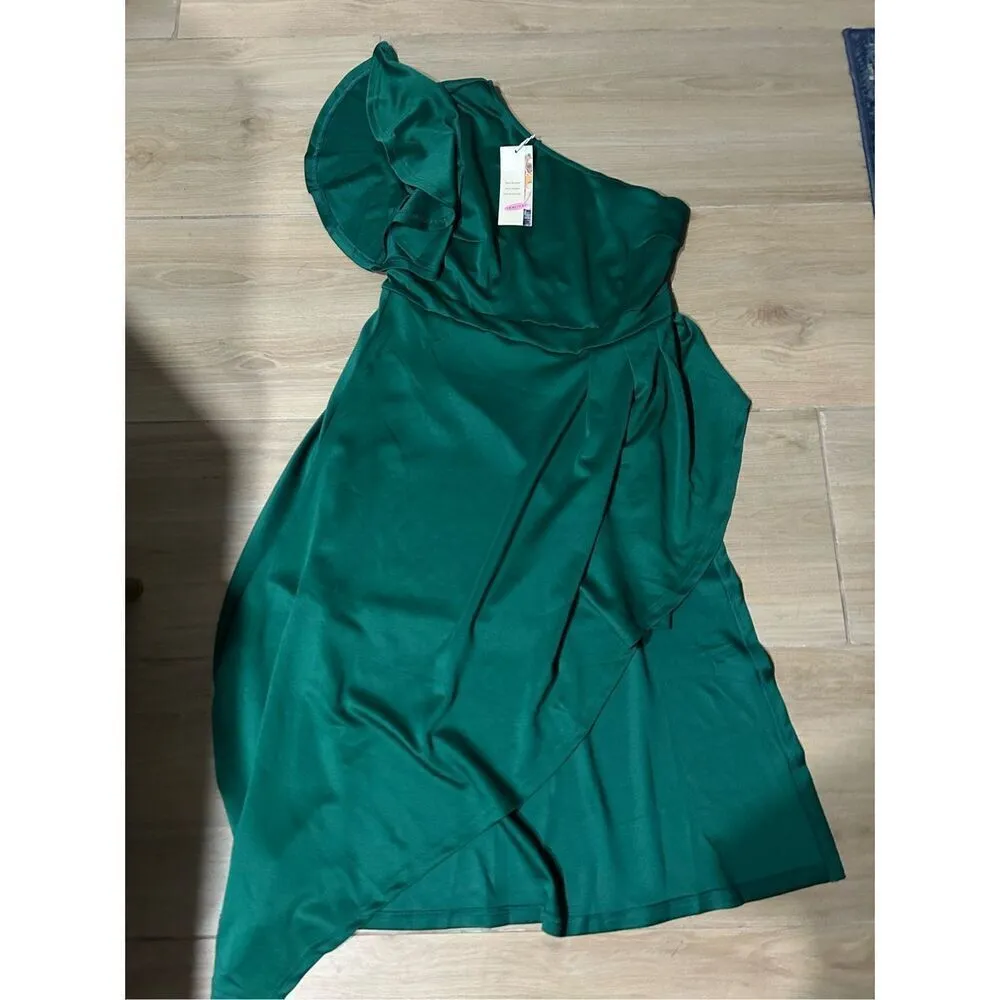 NEW 1 Shoulder Ruffle Empire Waist Asymmetrical Midi Dress L Black Size L - Image 3