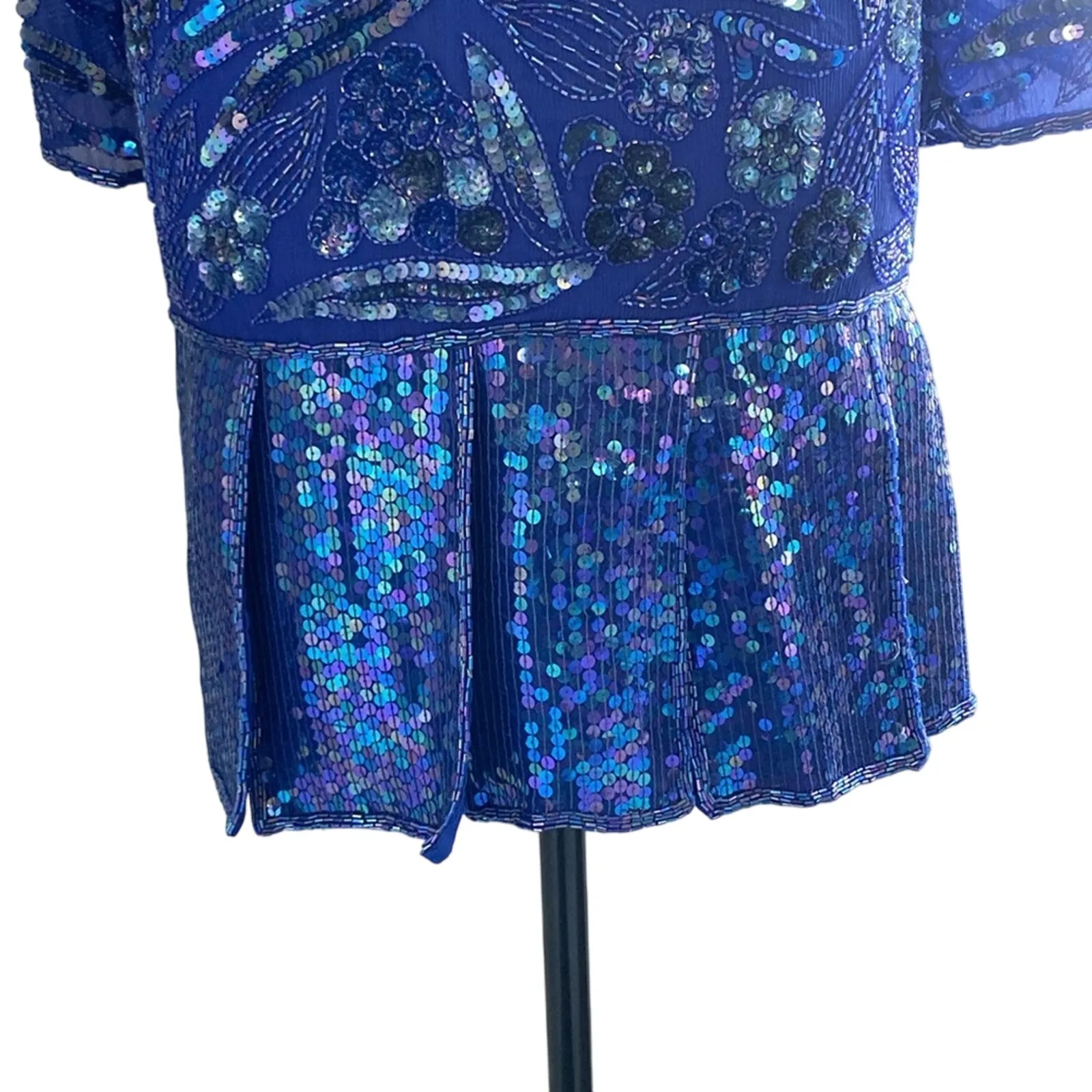 VINTAGE JON CHARLES Blue Sequin Cocktail Dress Womens Sz 6 Silk Long Sleeve - Image 7