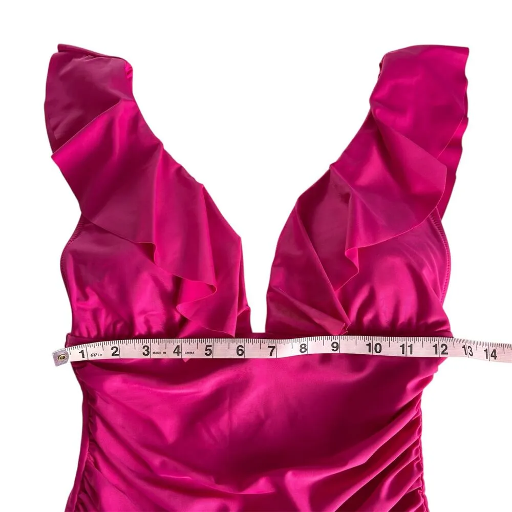 J.Crew Radiant Fuchsia Pink Ruched Ruffle One Piece Swimsuit Women’s Size 8 NWT - Image 2