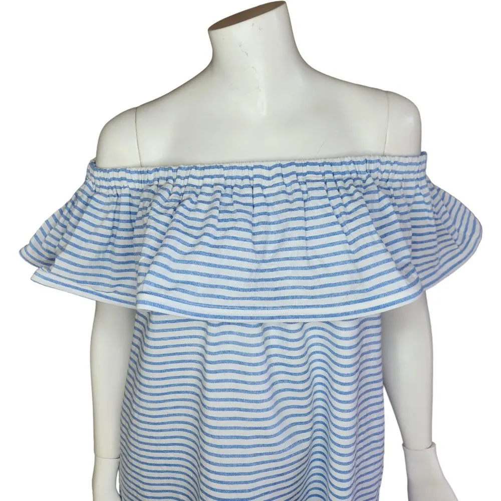 Revolve Line & Dot Dress Womens Large Lea Blue White Stripe Off Shoulder Ruffle - Image 11