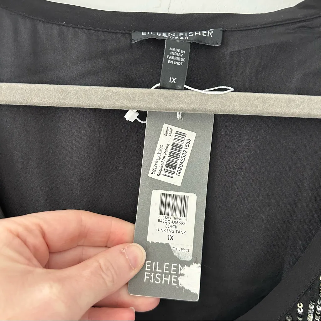 Eileen Fisher Black Silk Crepe De Chine Sequin U Neck Long Sleeveless Top NWT 1X - Image 4