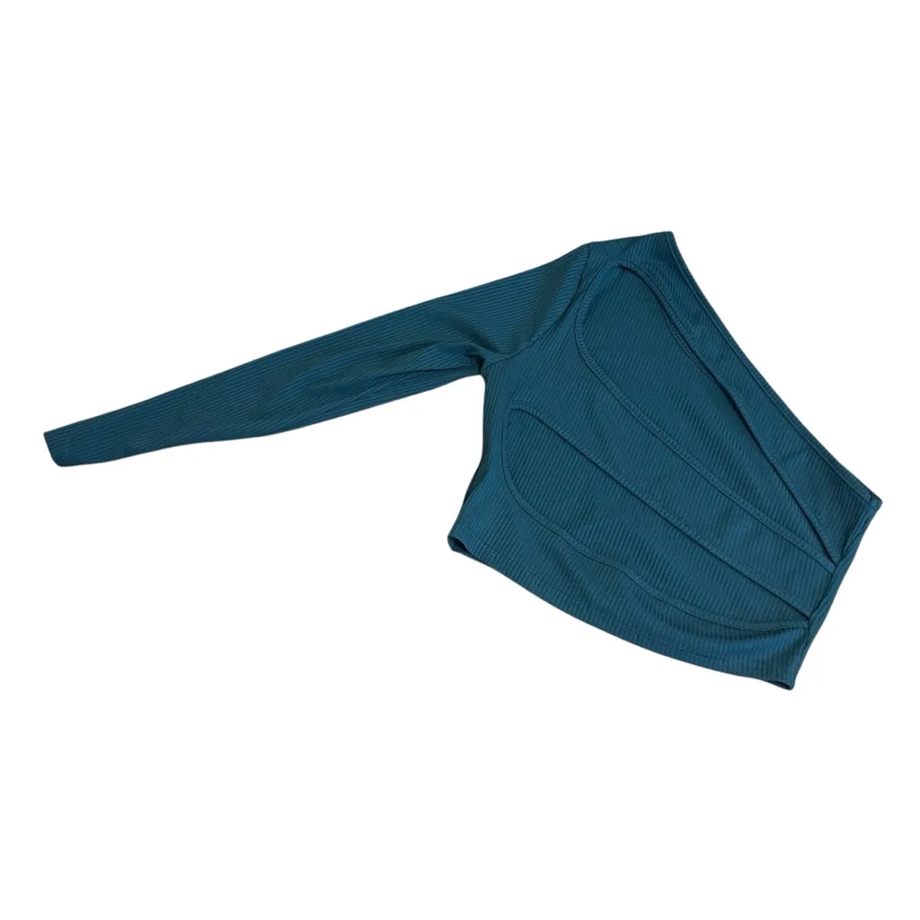 Blue Teal One Long Sleeve Design Crop Top Shirt Style Women’s Size Medium Fit! - Image 2