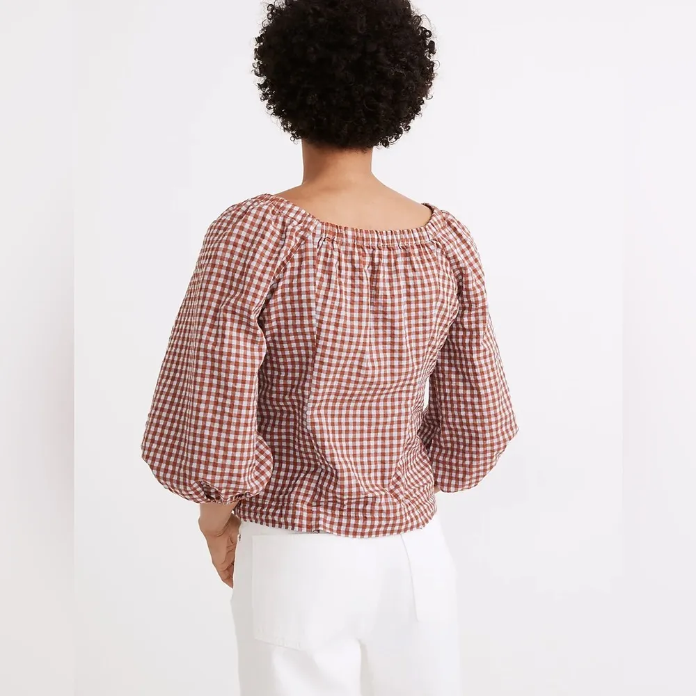 Gingham Seersucker Puff-Sleeve Button-Front Top Size 4 - Image 2