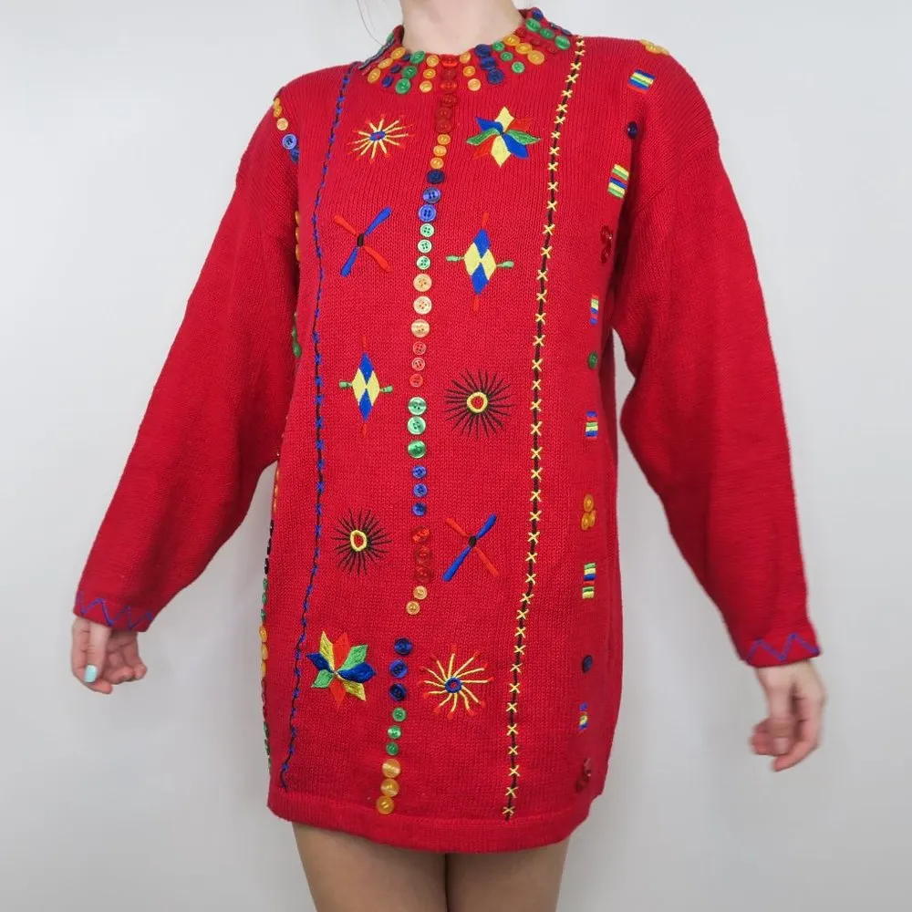 Vintage 90s Bonnie and Bill Funky Colorful Button Red Long Sweater Dress Size L - Image 2