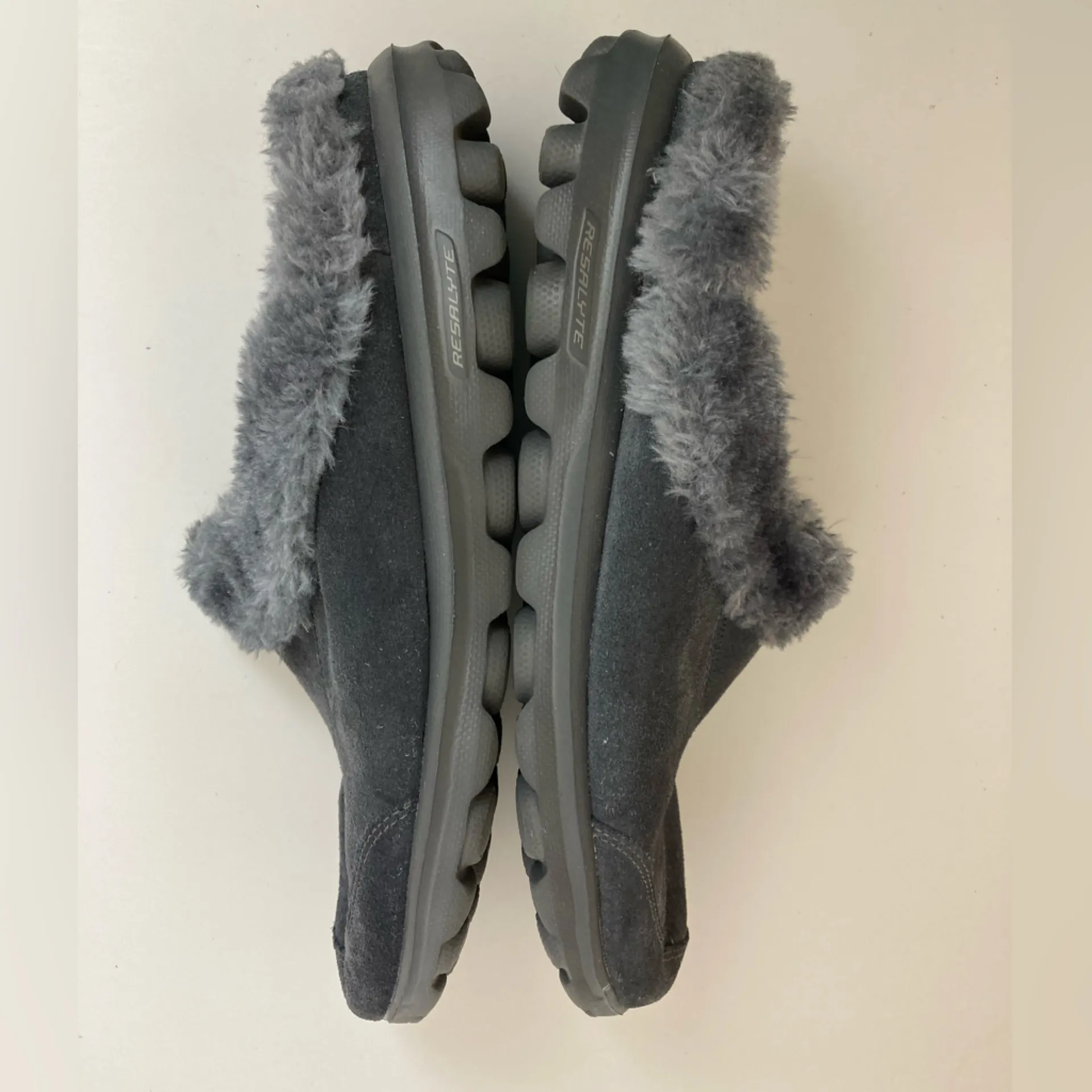 Skechers Memory Foam Fit Gray Suede Faux Fur Lined Mule Slippers - Image 6