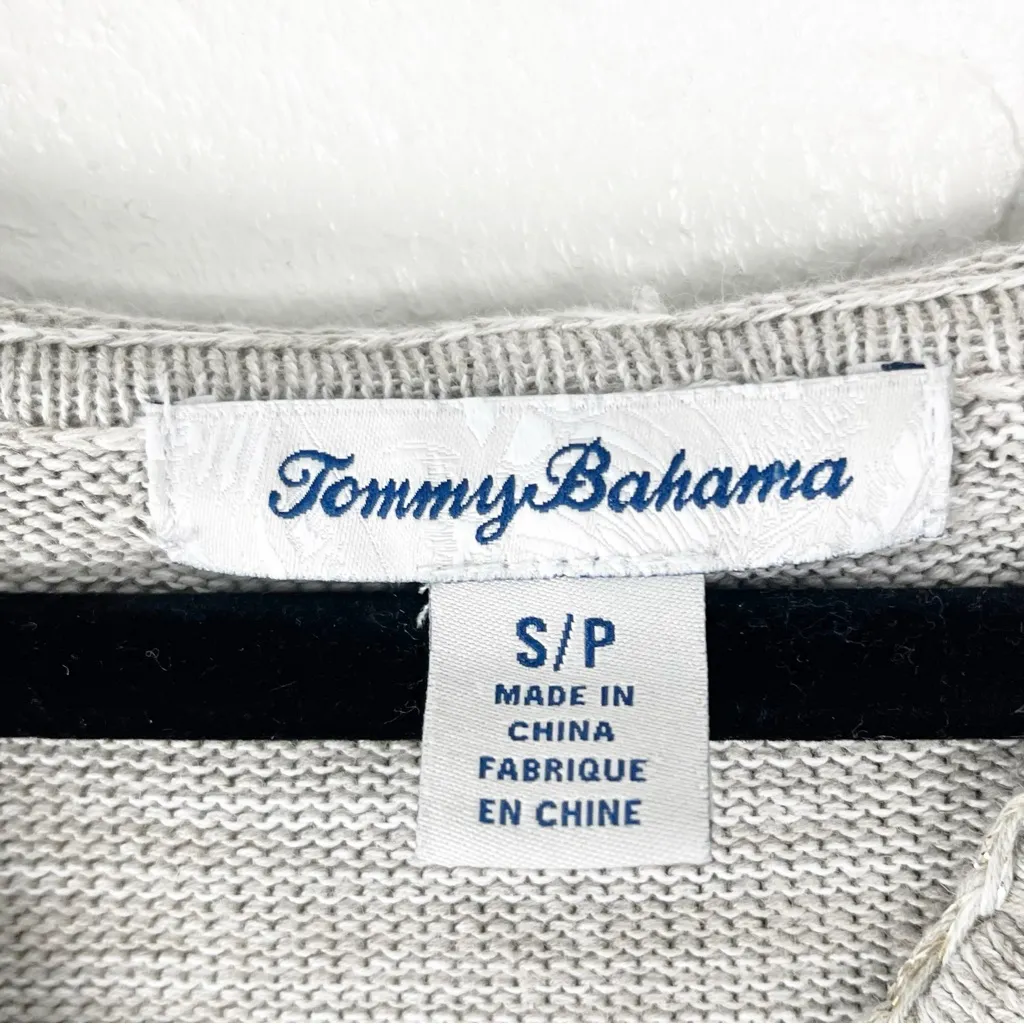 TOMMY BAHAMA Anacapa Silver Linen Blend Fringe Trim V-Neck Hooded Sweater Small - Image 3