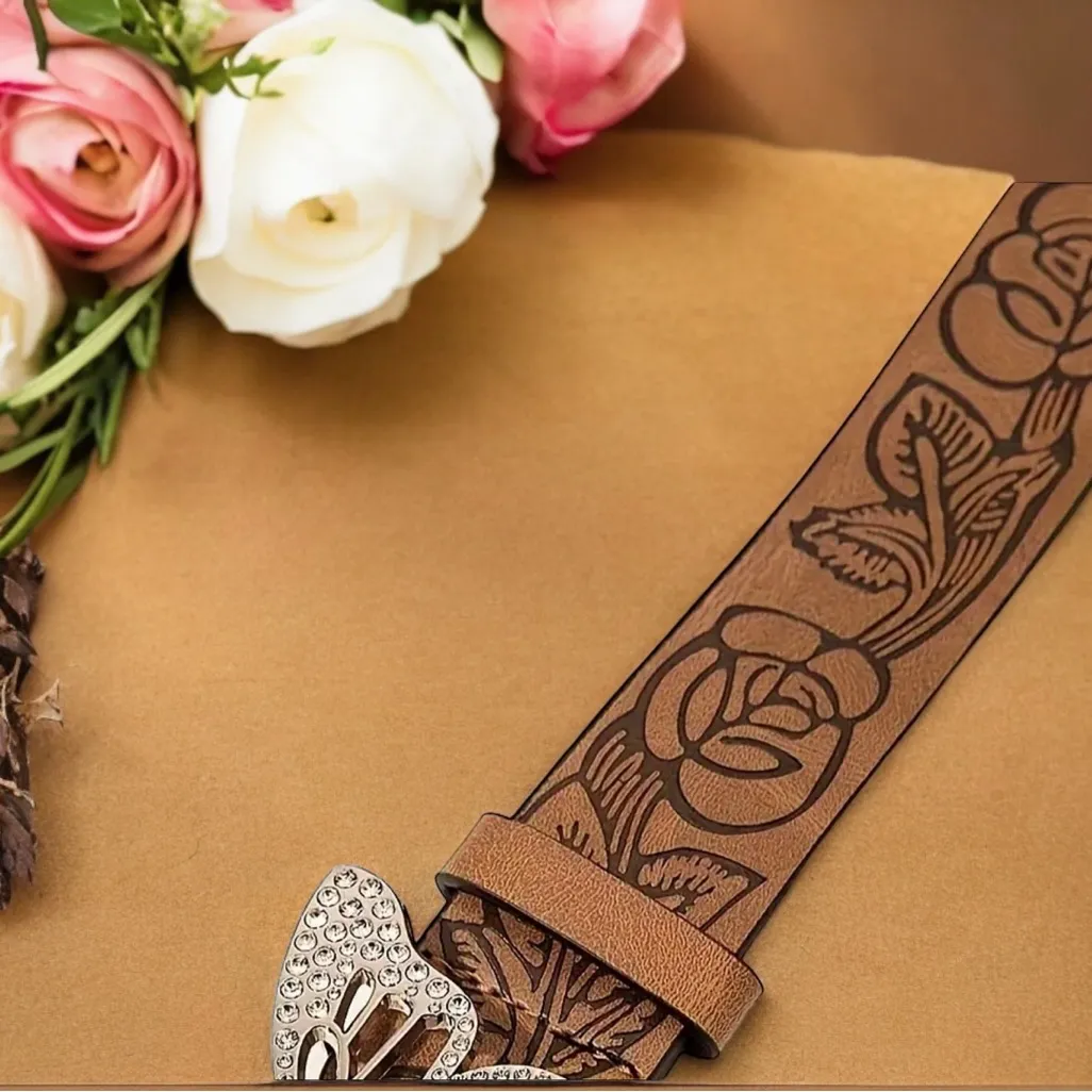 Butterfly Buckle Vintage Style Embossed Brown Waistband Western‎ Jeans Belt - Image 9