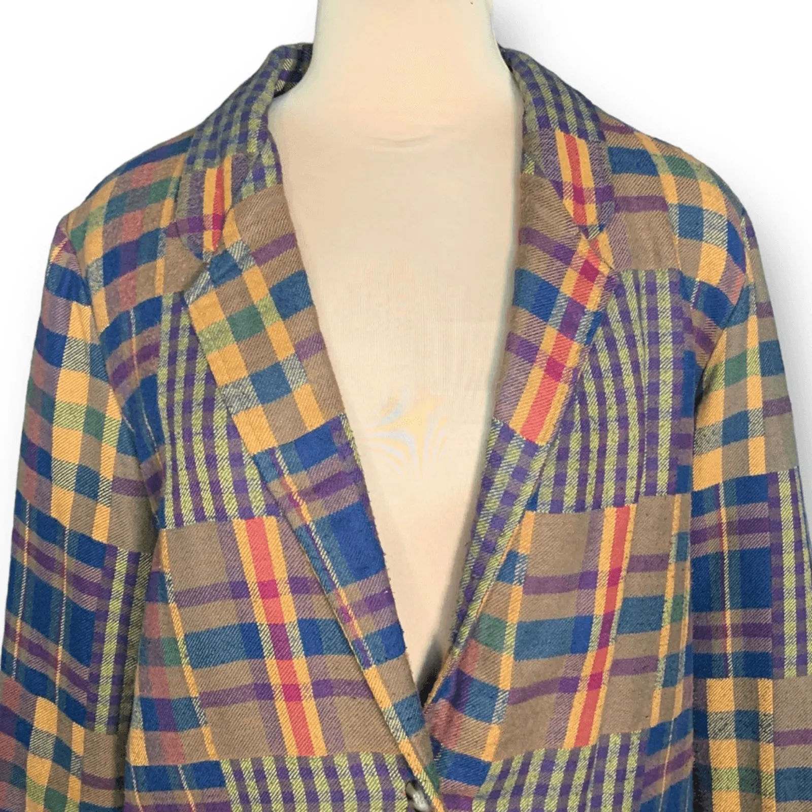 Vintage 90s Blazer Jacket Oversized Boxy Colorful Plaid Flannel Patchwork Preppy Yellow Size L - Image 5