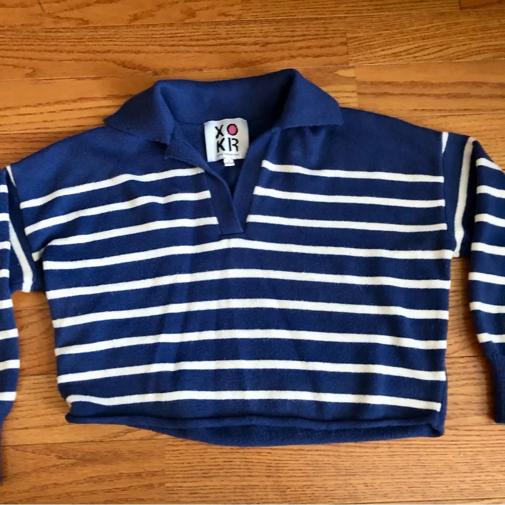 Kerri Rosenthal Striped Heart Polo Nautical Blue White Sweater Women’s Size S - Image 2