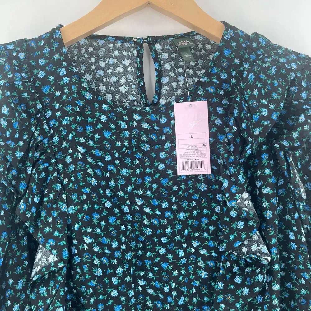 WILD FABLE Blouse Size Large NWT Floral Ruffle Blouson Puffly Long Sleeve Blue - Image 9