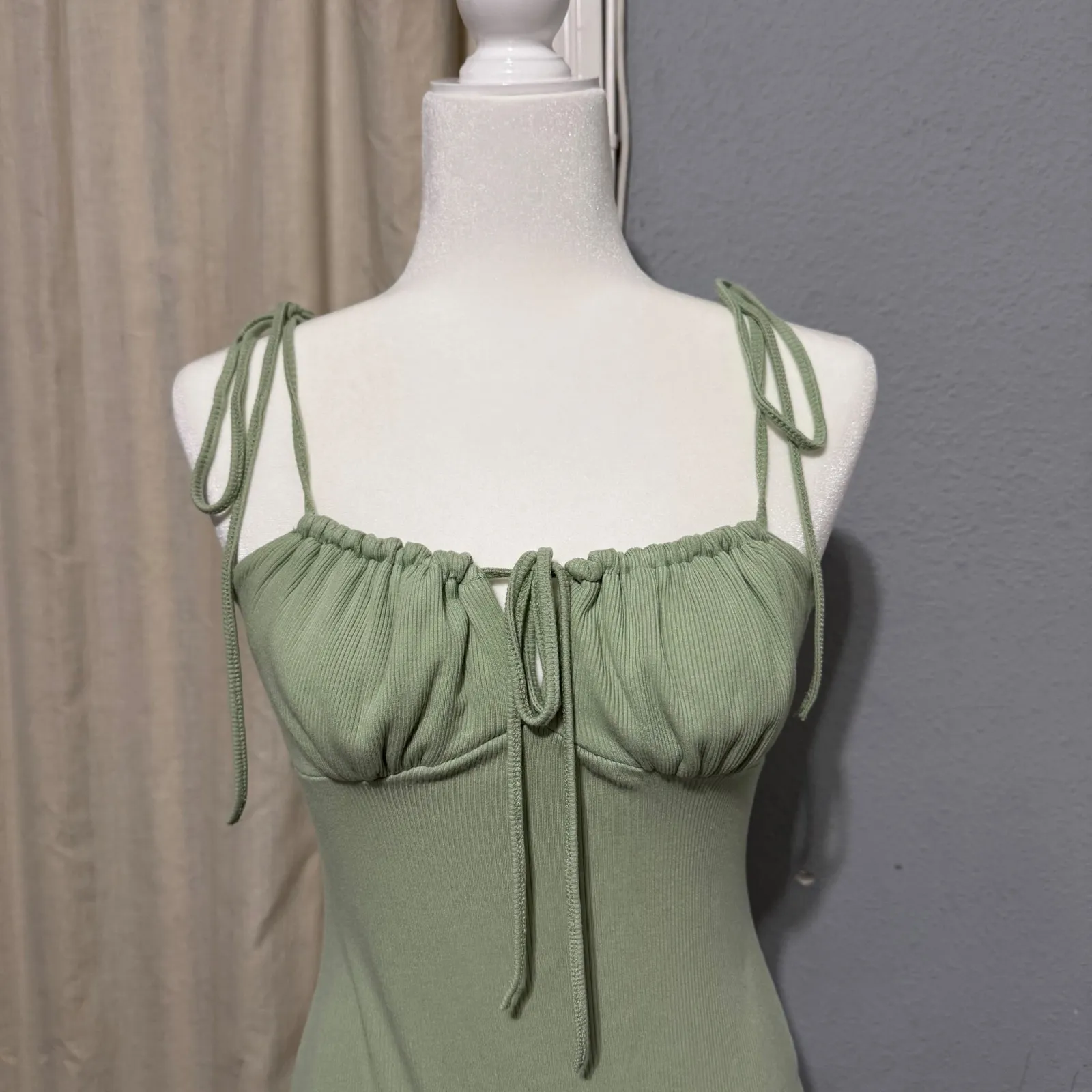 Cottagecore Ribbed Midi Slip Dress Sage Green Tie Strap Ruched Bust Babydoll L - Image 4