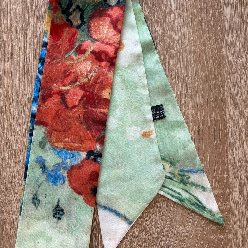 Van Gogh Art Silk Skinny Scarf Long Ribbon Bag Handle Tie Hair Wrap Red - Image 5