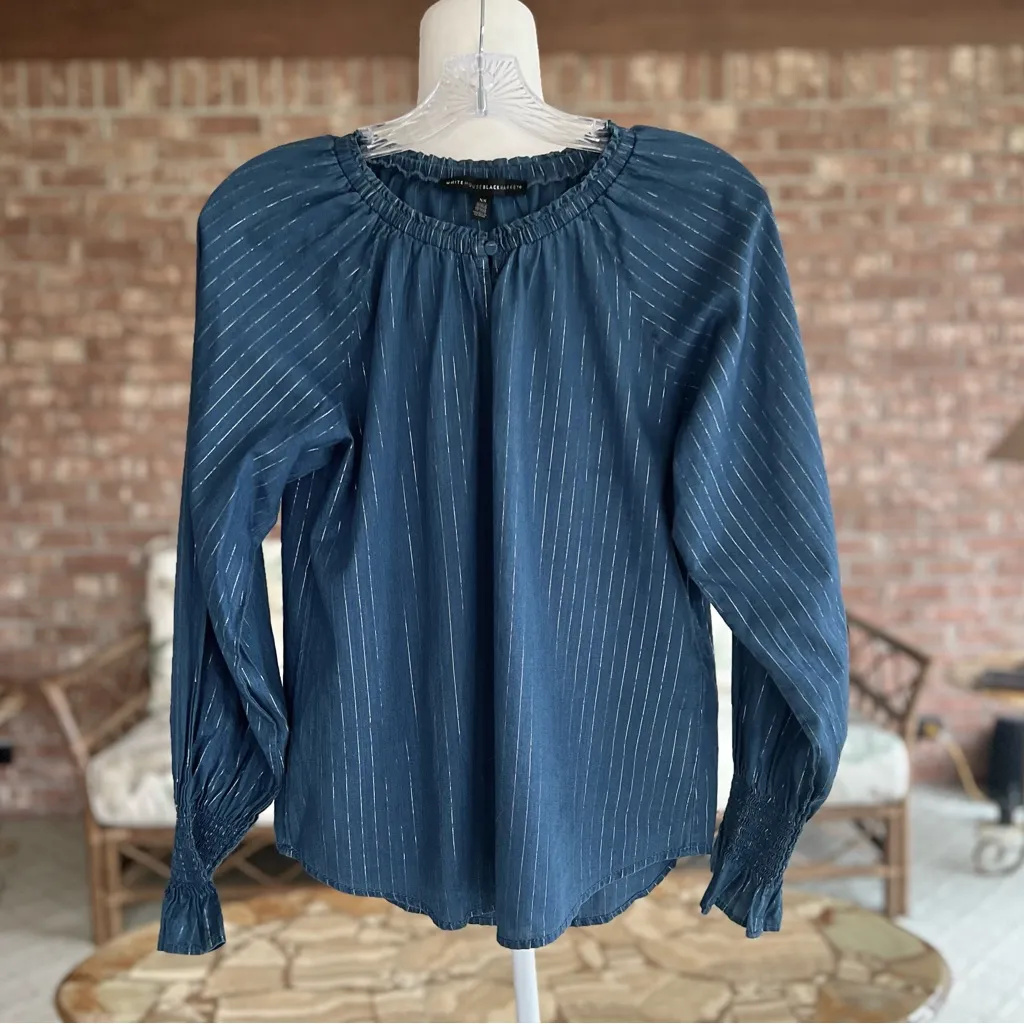 WHBM Top Blue Silver Metallic Striped Long Sleeve Blouse XS Smocked Cuff Party - Image 2