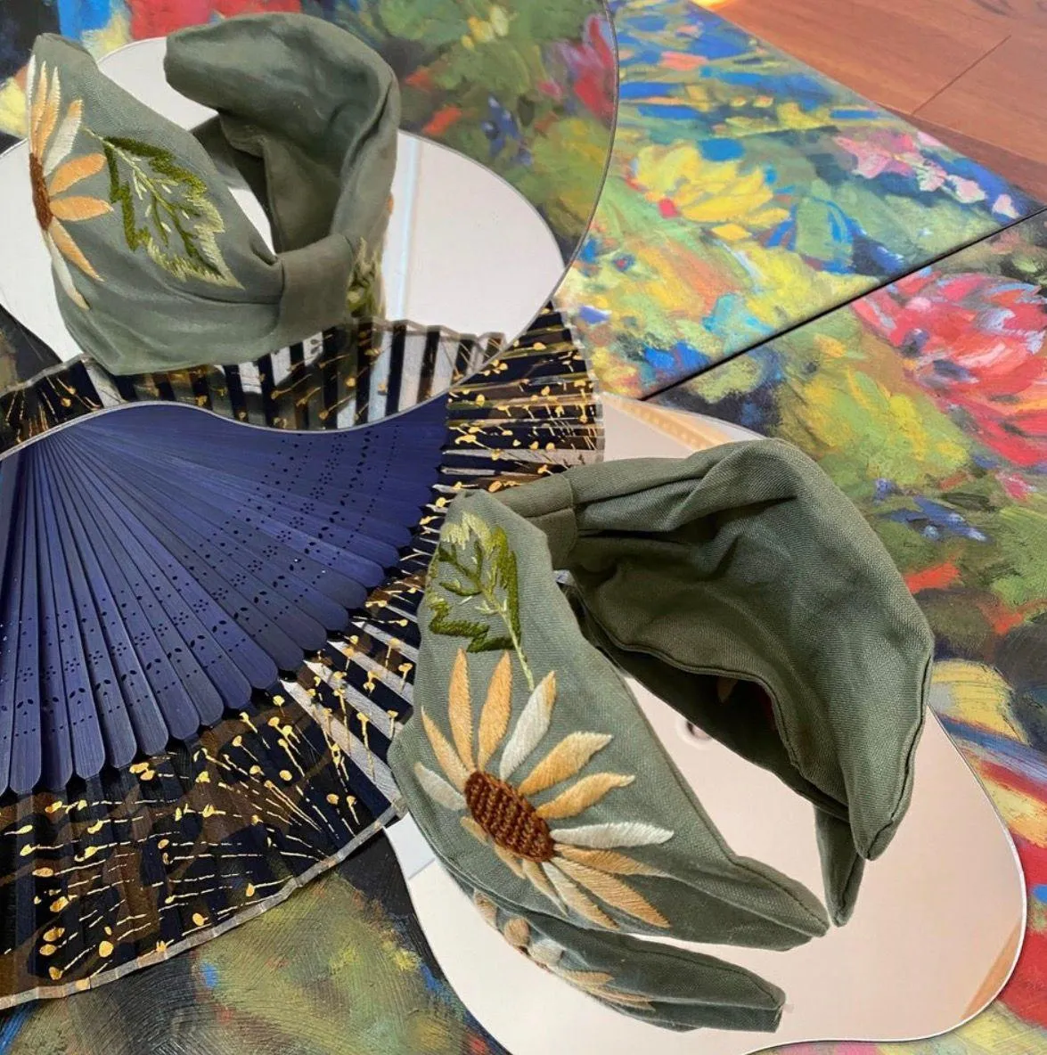 Green Bow Headband with Sunflower Embroidery - Image 2