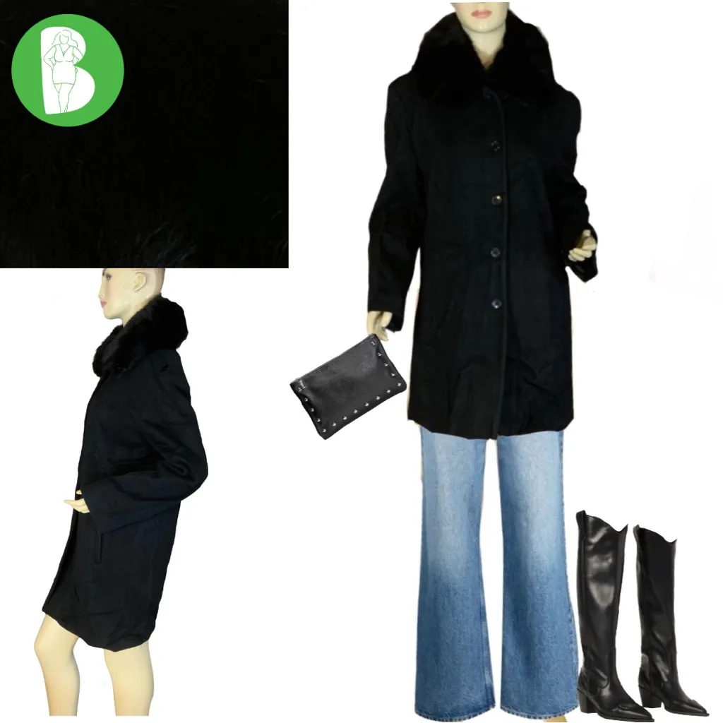 FLEET STREET BLACK WOOL W/FOX FUR COLLAR COAT (M) - Image 2