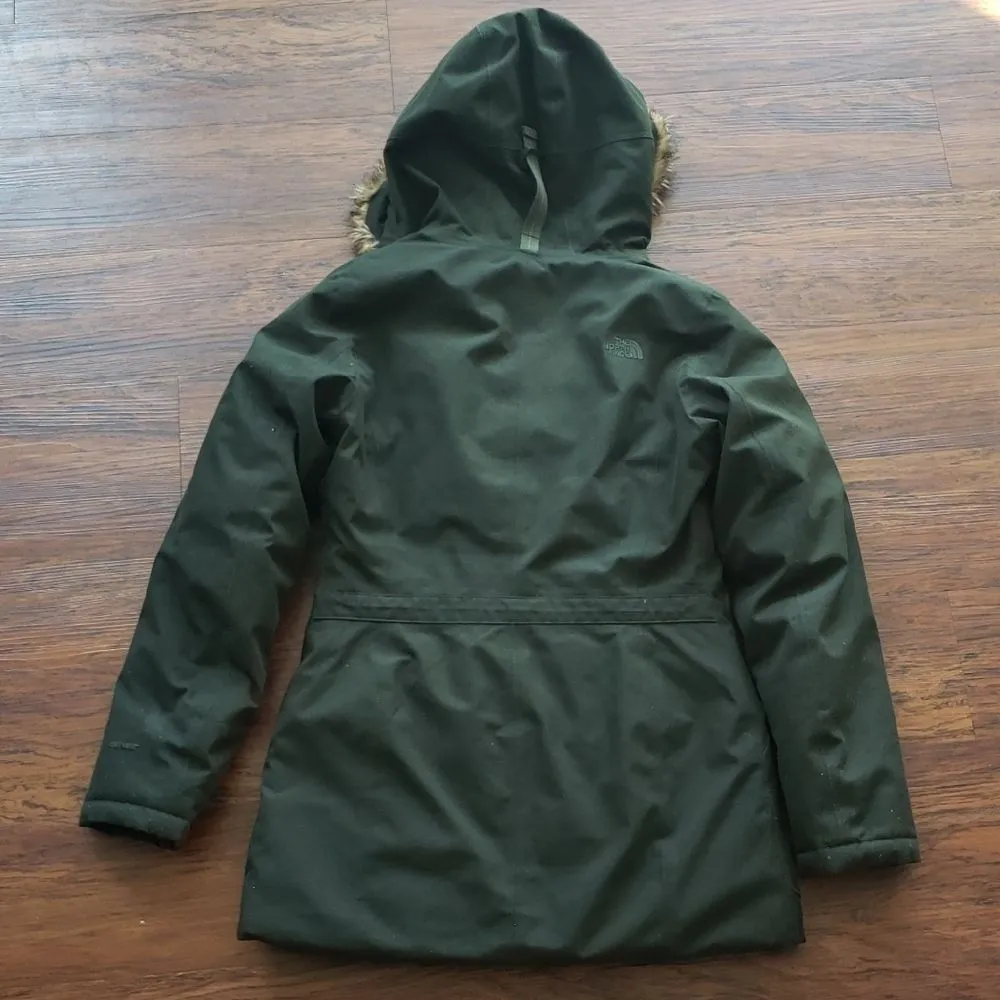 Northface Women's Green Parka Chic Feminine Winter Puffer Faux Fur Trim Size S - Image 7
