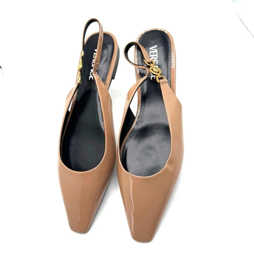 Versace Tan Patent leather Medusa-plaque slingback ballerina shoes IT 41 - Image 3