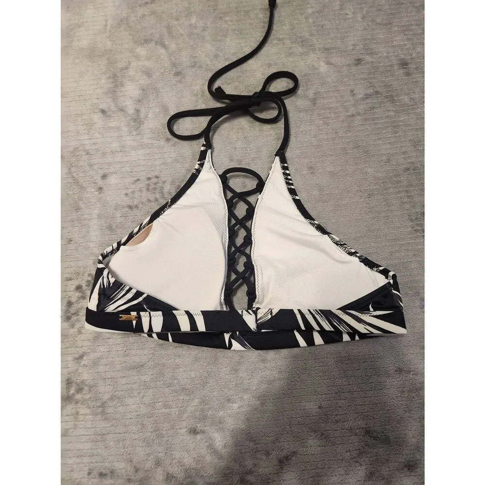 Victoria's Secret Pink XS High Neck Halter Bikini Top Black White Floral - Image 2
