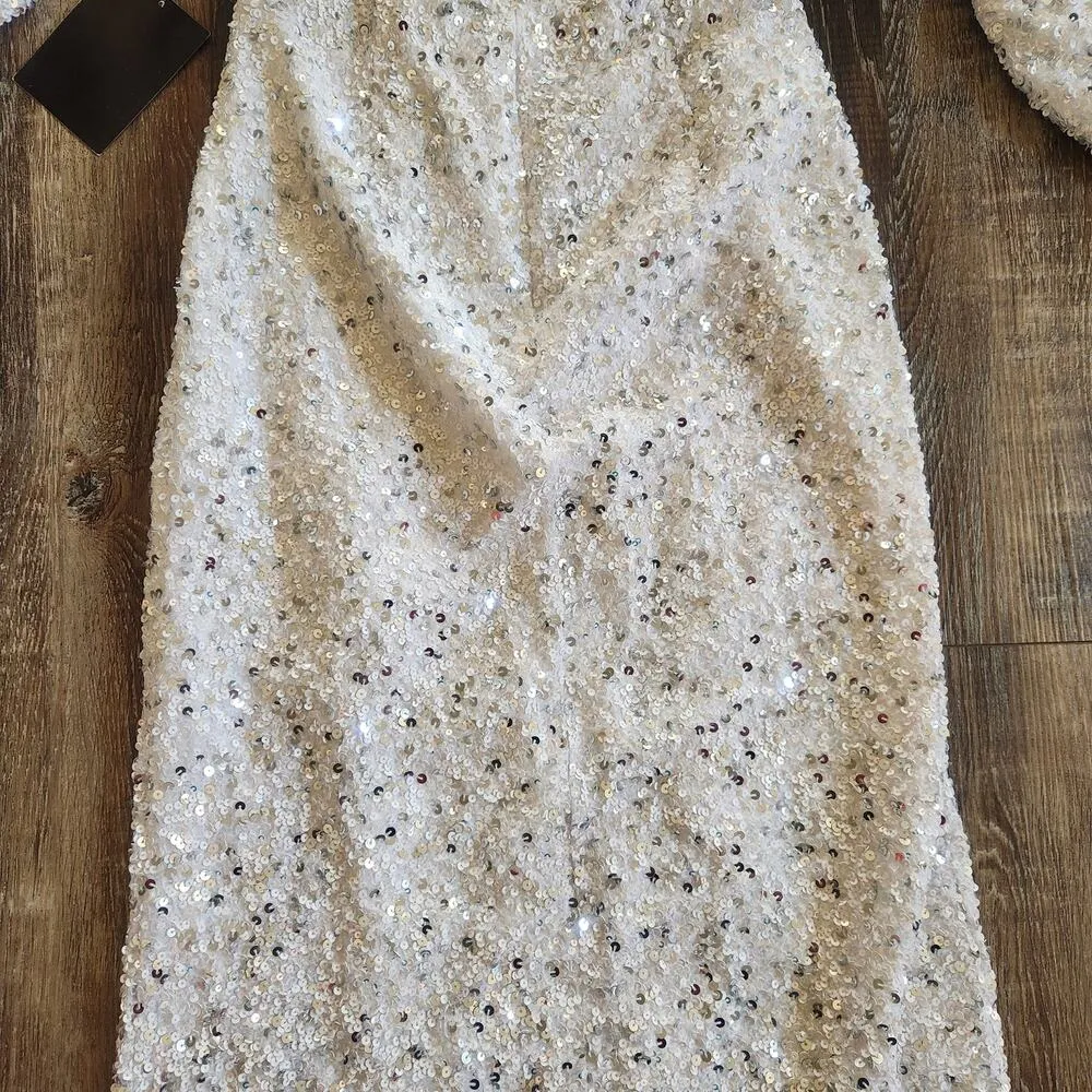 Retrofete Camille Sequin Chiffon Dress V Neck Long Sleeve Maxi White Size XS NWT - Image 8