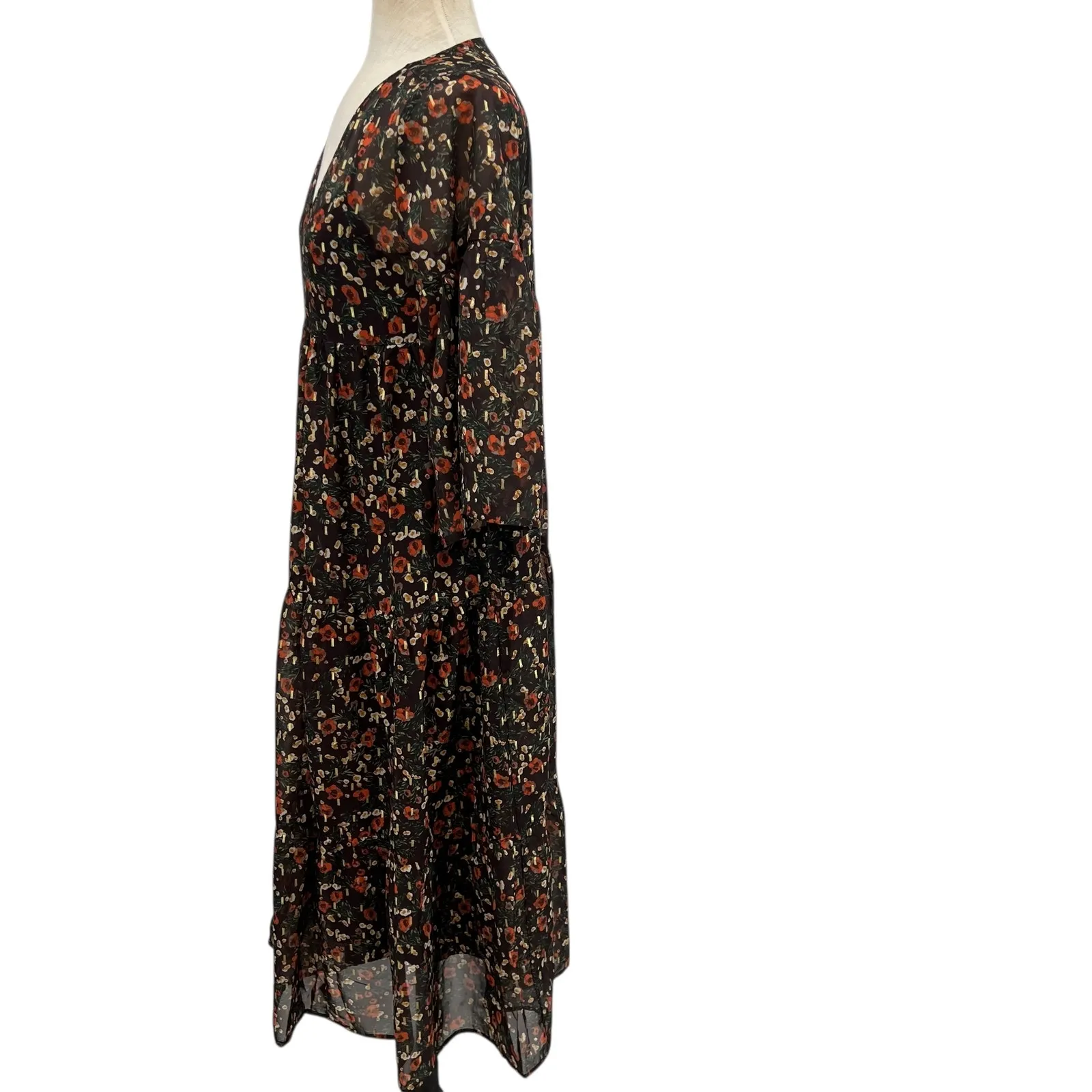 Natural Life Floral Print Midi Dress Kimono Sleeve Brown Red Size Small - Image 6
