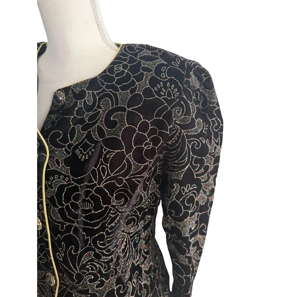 R&K Evenings Vintage Rose Floral Glitter Print Blazer Jacket Size Medium Black - Image 6