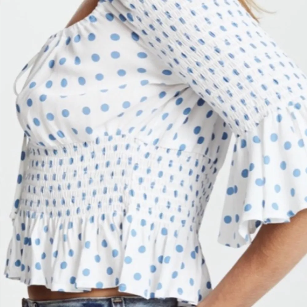 FREE PEOPLE Blue and White Polka Dot Milkmaid Top Size Small - Image 2