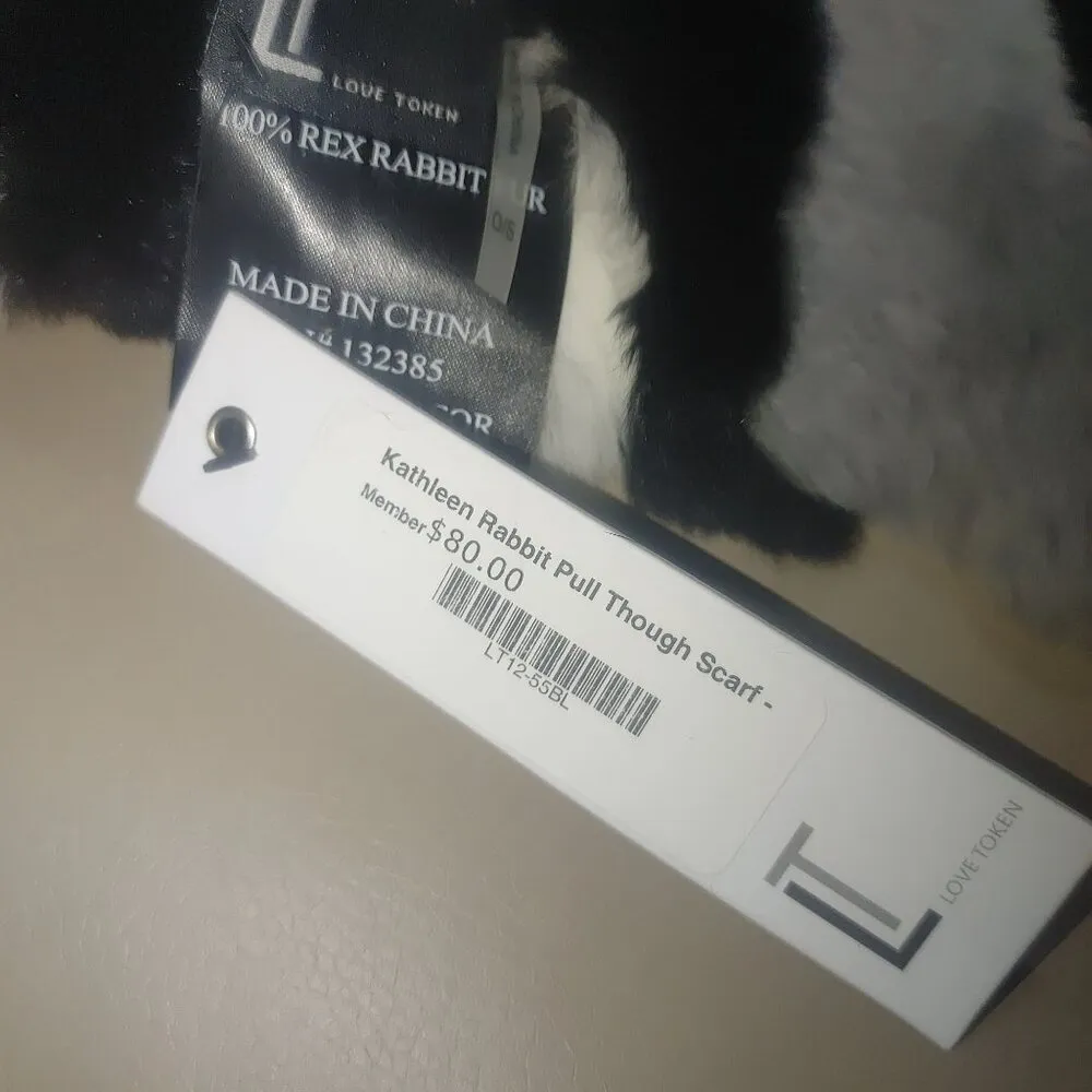 Love Token Scarf Black White Grey Kathleen Rabbit Pull Through OS Rex Rabbit Fur - Image 6