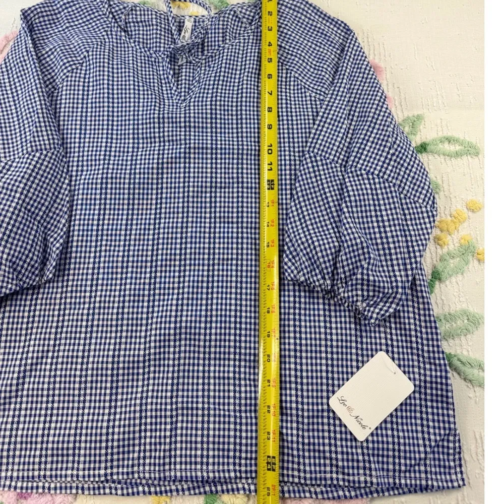 Blue White Gingham Tie Neck 3/4 Sleeve Blouse Shirt Women's Plus Size XL - Image 4