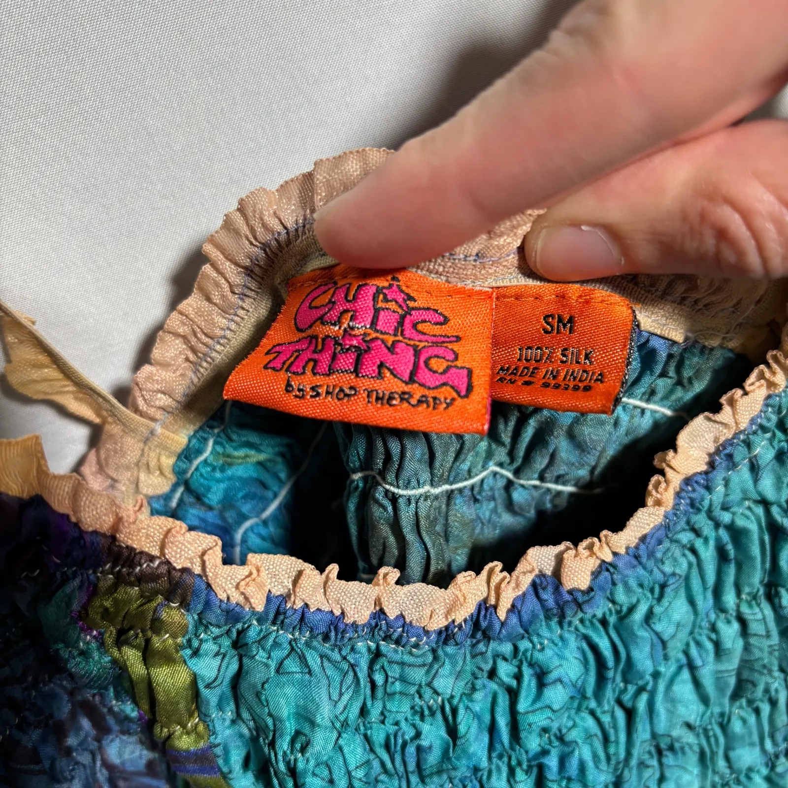 VTG Silk Smocked Sleeveless Tunic Top Handkerchief Hem Fairy Colorful Boho S Y2K - Image 3