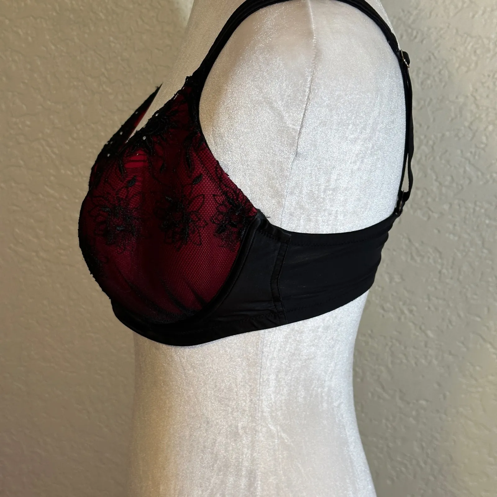 Soma Lace Trim Balconette Bra Red Black Embellished Underwire Size 36DD Romantic - Image 5
