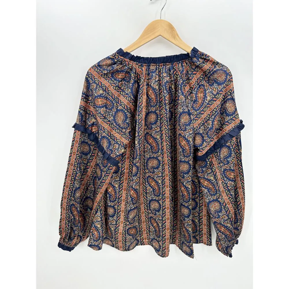 Umgee Womens Boho Peasant Top Size S Navy Blue Orange Paisley Oversized Shirt - Image 2