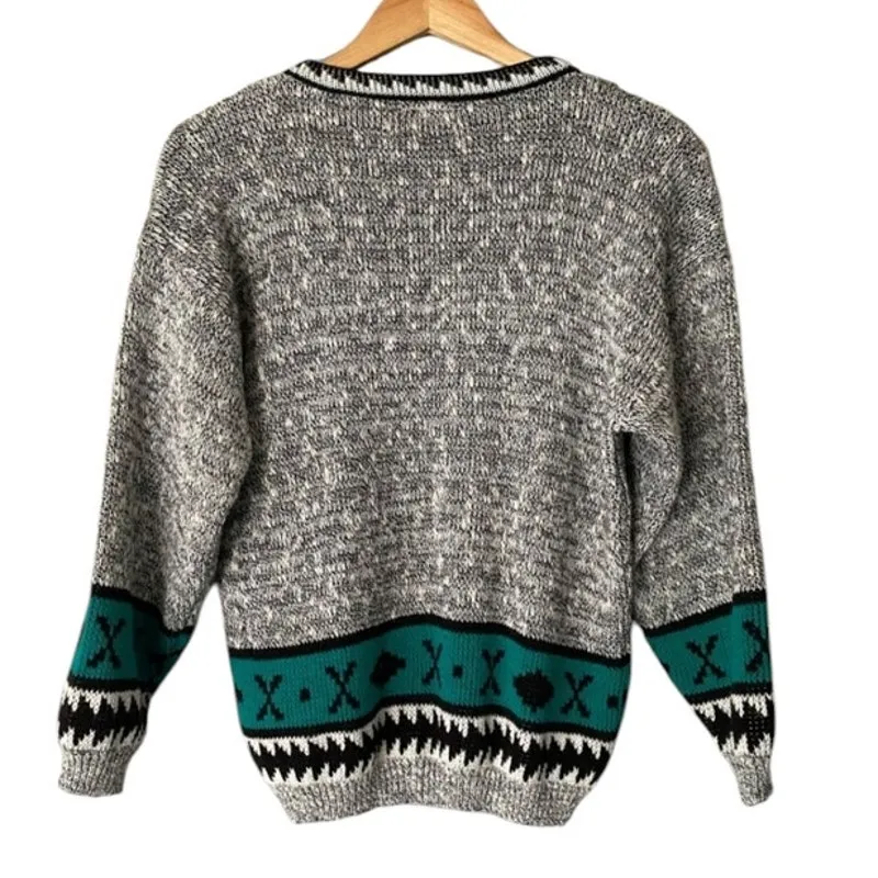 Vintage Adele Knitwear Teal Southwestern Compass Sweater Small Medium Gray - Image 3