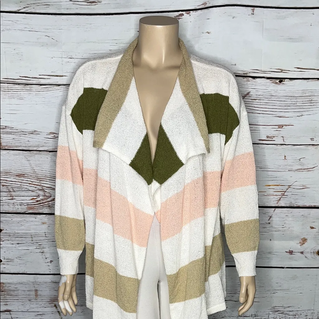 Ella by Rafaella Size 2X Cream & Pink Stripe Open Front Drape Sweater Cardigan - Image 2