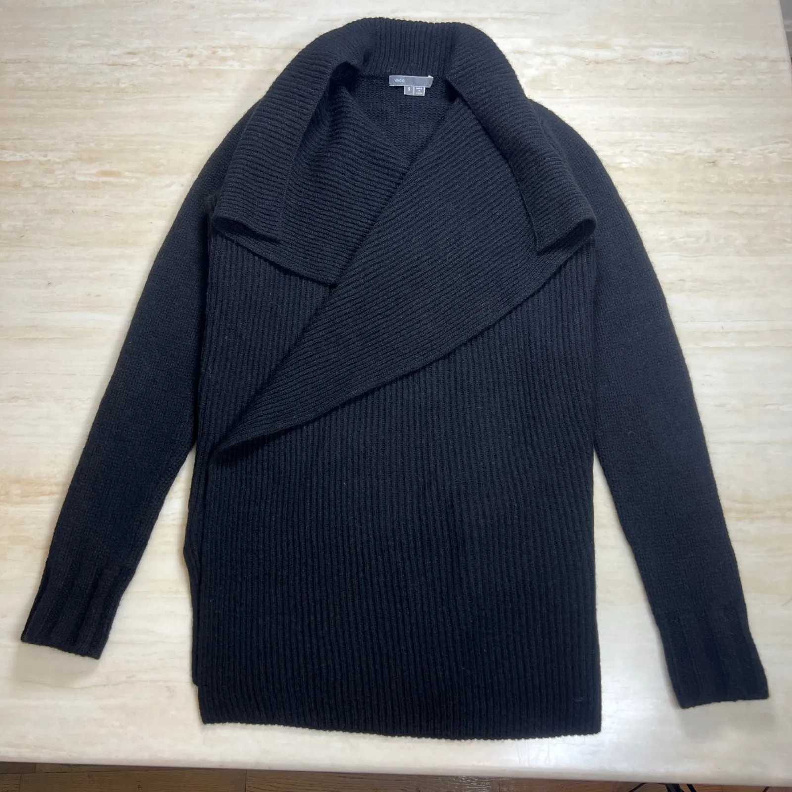 Vince Ribbed Knit Drape Front Cardigan Sweater Black Small S Cozy Layering - Image 5