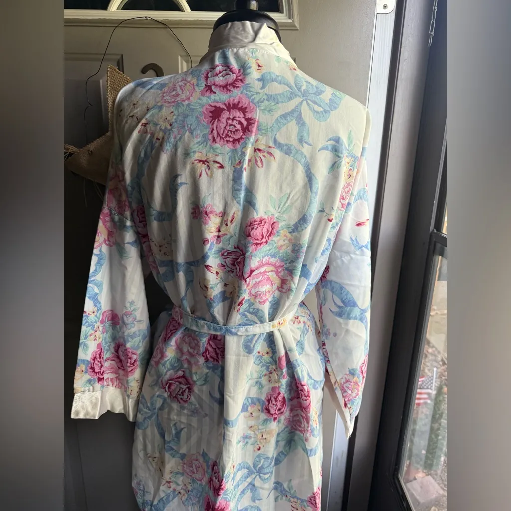 Vintage Appel pastel floral striped satin trim kimono robe, one size Blue Size XL - Image 10