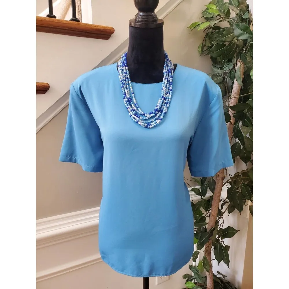 Impressions Women's Sky Blue Polyester Round Neck Short Sleeve Top Blouse Size L - Image 2
