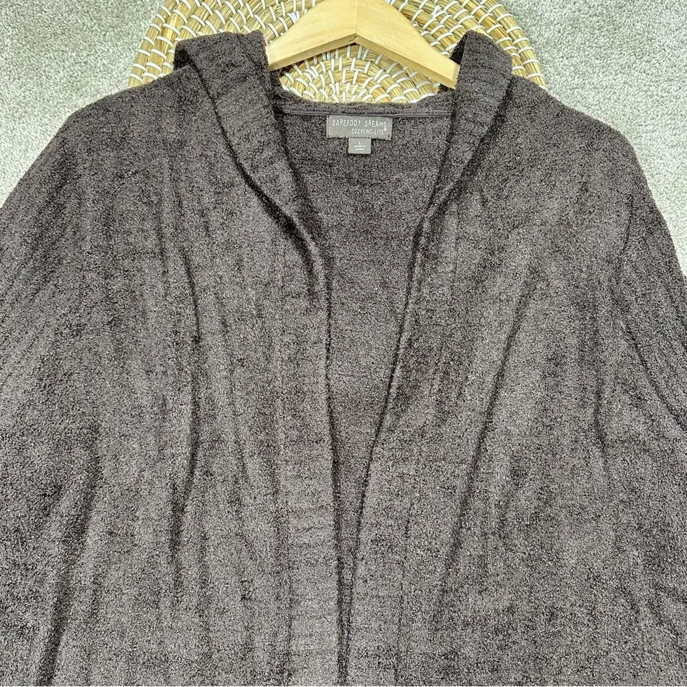 Barefoot Dreams CozyChic Lite Relaxed Hooded Cardigan Open Front Pockets Brown L - Image 4