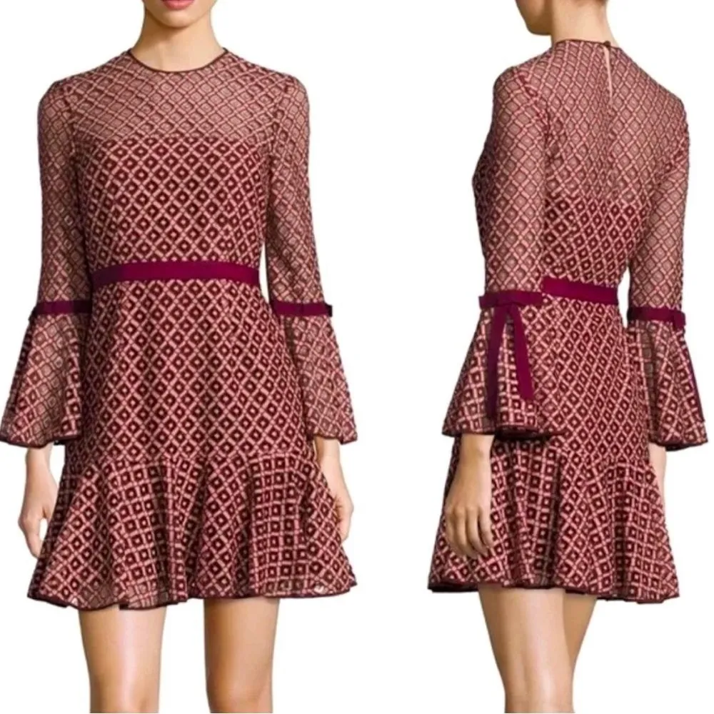 Cinq a Sept Cosette Dress Bell Sleeve Mulberry Pink Lace Overlay Babydoll Size 8 Red - Image 5